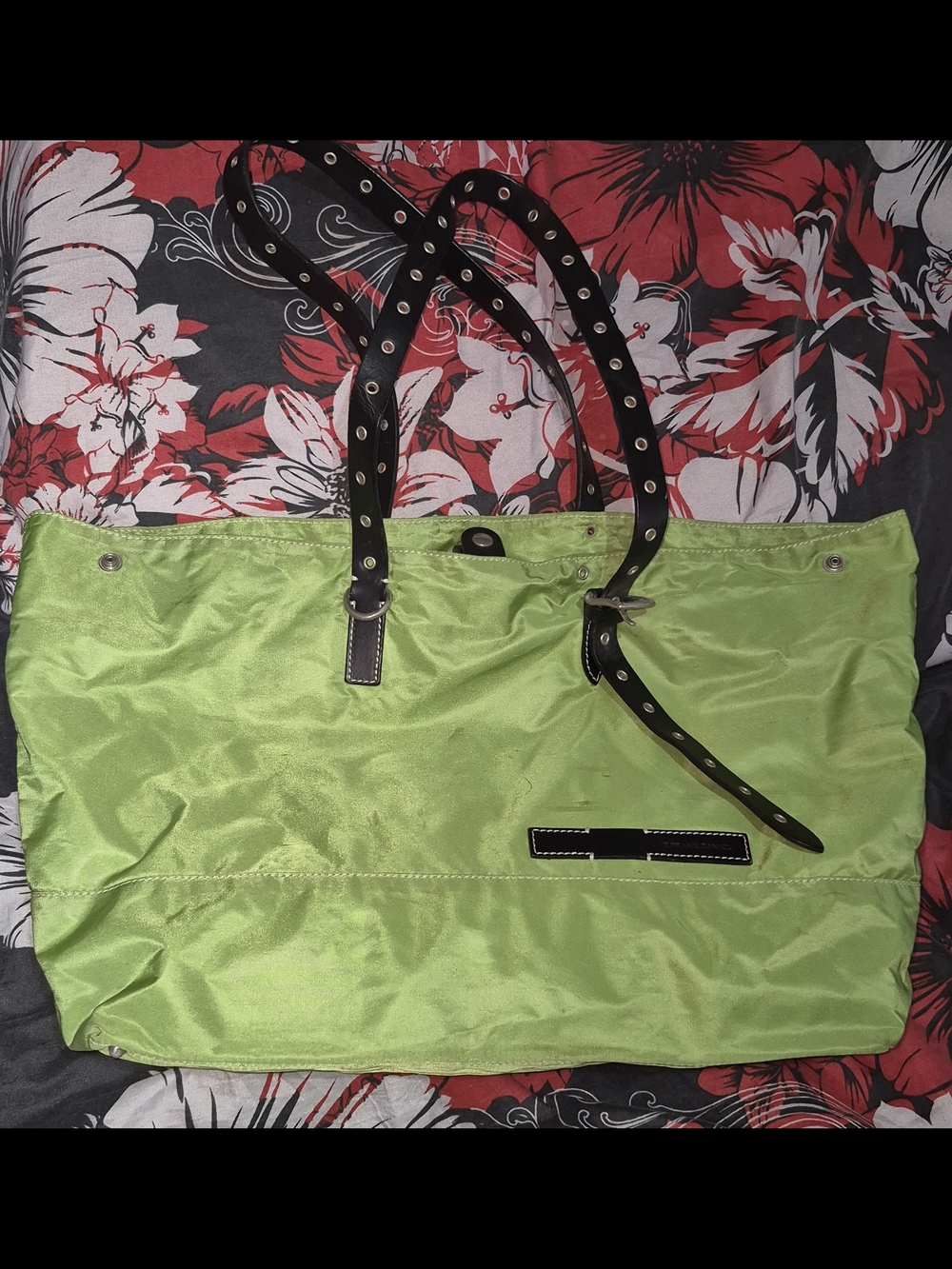 Green Travel Tote Bag with Black Studded Straps